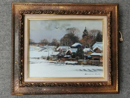 【真作】絵画　早津剛　水墨画　雪に包まれた古民家　冬景色　凛とした白　X57 真作】絵画 早津剛 水墨画 雪に包まれた古民家 冬景色 凛とした