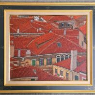 茂木紘一 ろう画 10号「赤い屋根」日動画廊取扱（昭和会展出展作）