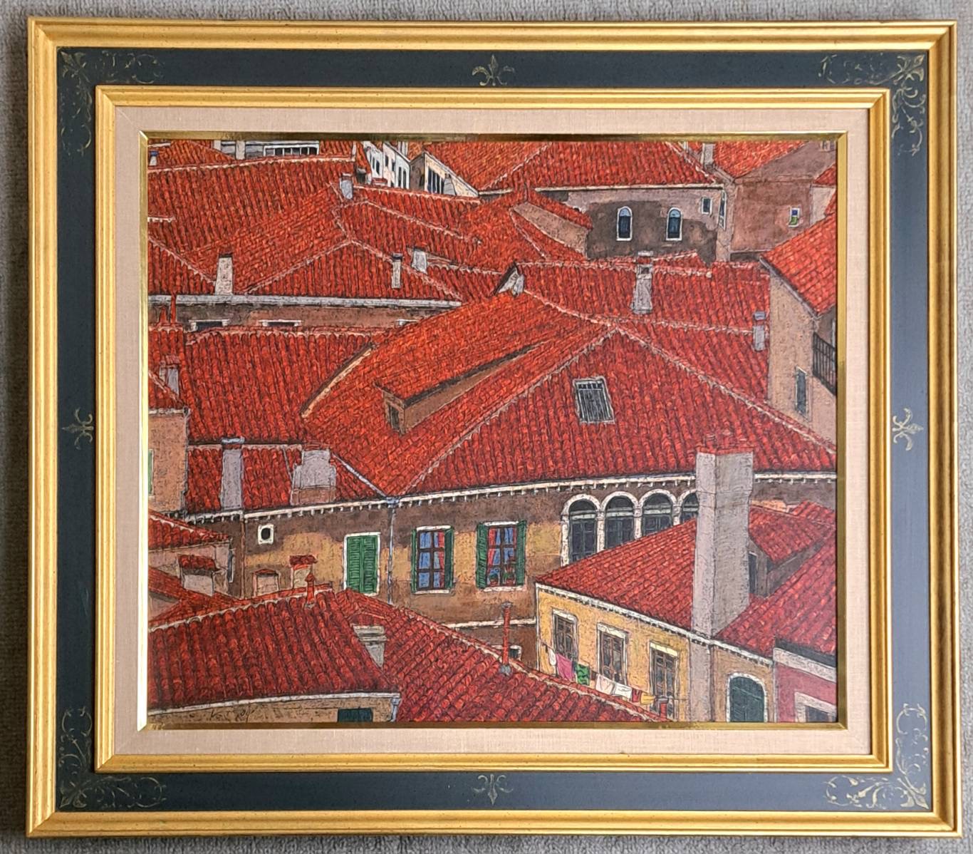 茂木紘一 ろう画 10号「赤い屋根」日動画廊取扱（昭和会展出展作）