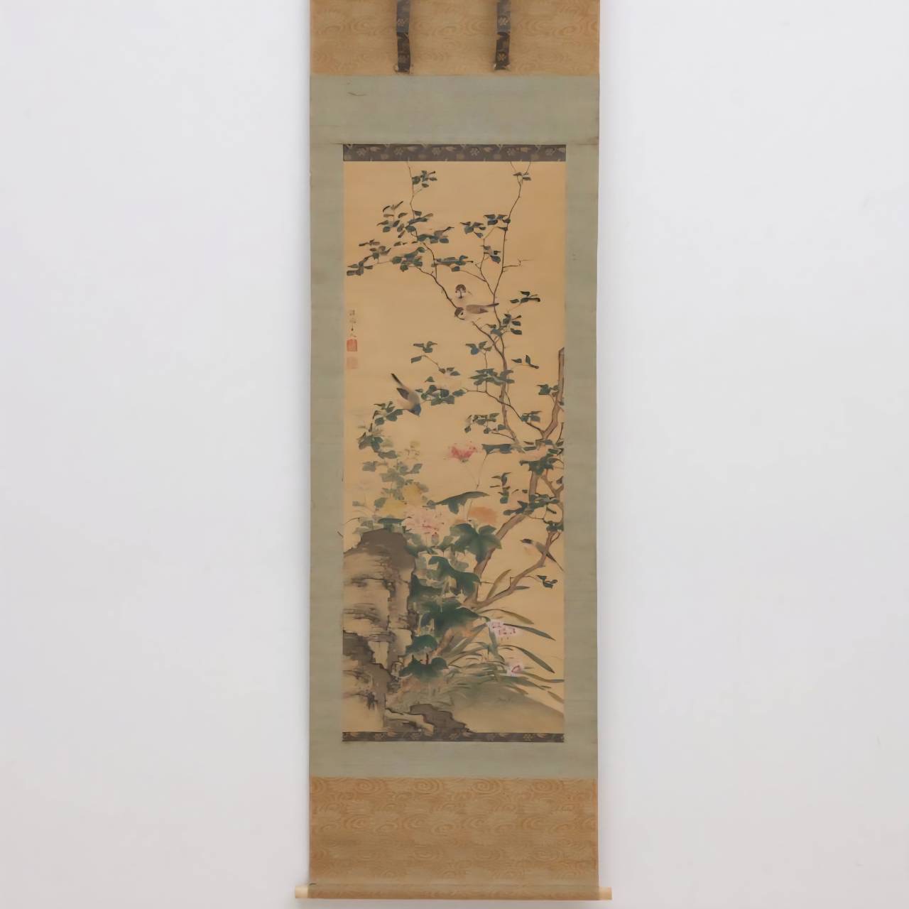 柳沢淇園 掛軸(絹本) 「花鳥図」