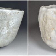 加藤春岱 造 しの茶碗 志野 書付箱、李朝 高麗 雲鶴茶碗 銘「若柴」 宗貞書付箱 沓形 時代 茶道具