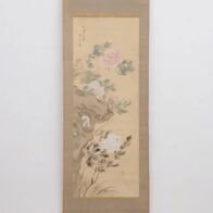 椿椿山 掛軸（絹本） 「湖石牡丹図」
