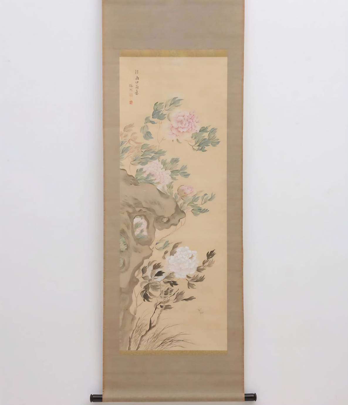 椿椿山 掛軸(絹本) 「湖石牡丹図」