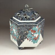 人間国宝 十四代 今泉今右衛門 色絵雪花墨色墨はじき 草花文香炉 色鍋島