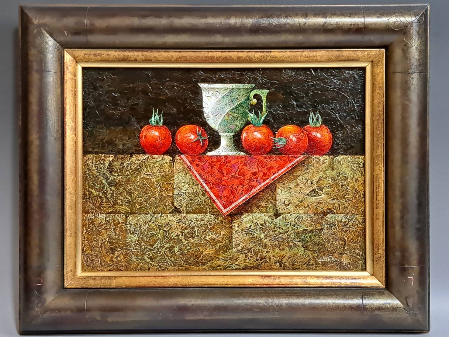 増本憲樹 「プチトマトのある静物」 油彩 キャンバス 約4号 額装