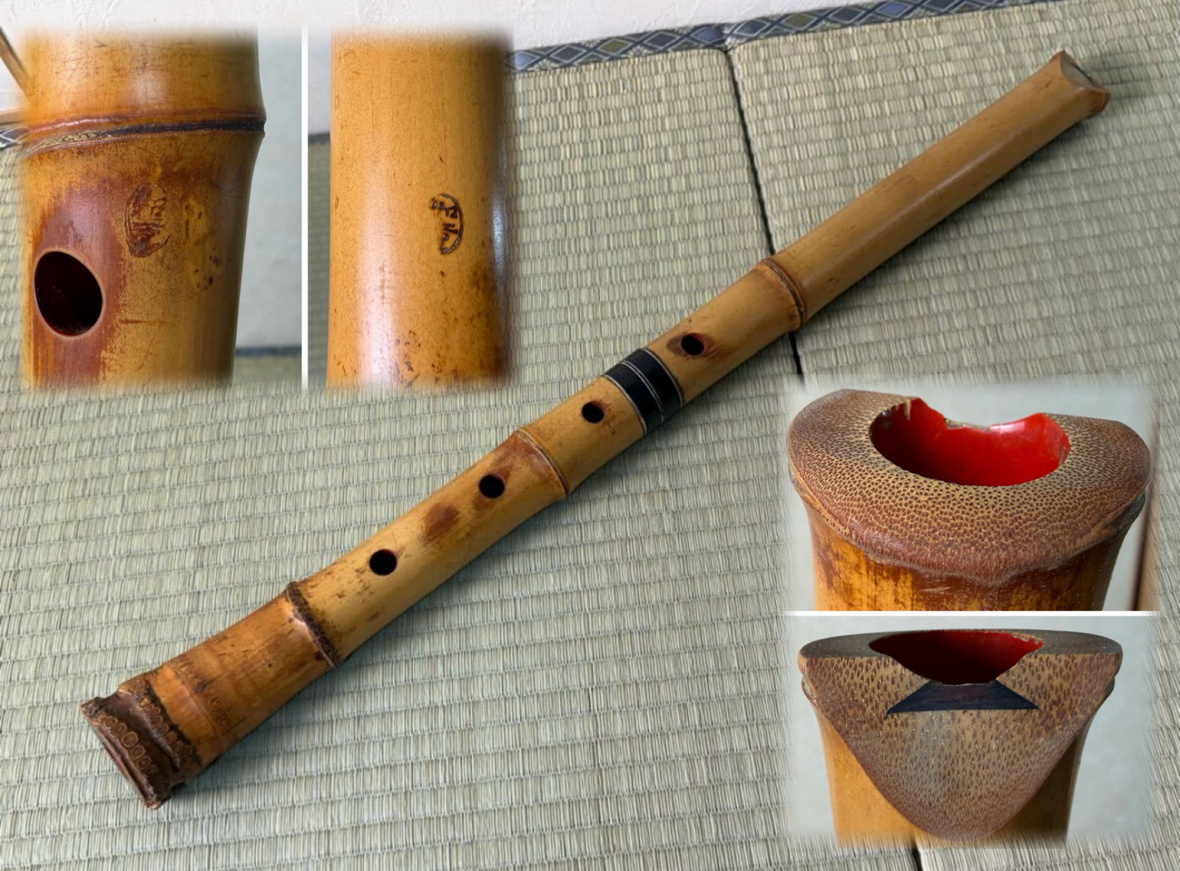 琴古流 尺八 銘「如童」二印 銀三線 セル巻 和楽器