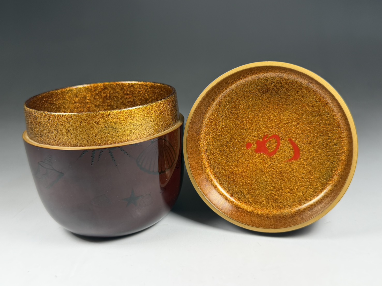 渡辺松悦 作 溜海松貝蒔絵 大棗 金梨地 / 表千家 兼中斎 堀内宗完 書付 ミル貝ウルシ絵 溜大棗 茶道具