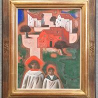 夭折の画家 安徳瑛「午後の二人」油彩 キャンバス F6号 独自の画風