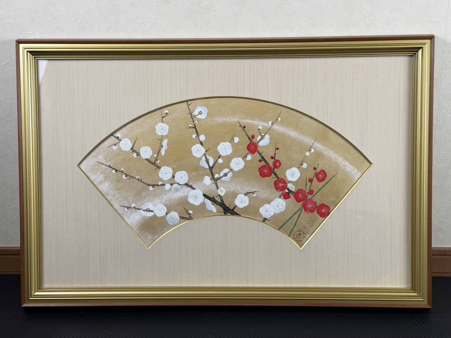 松本高明 「紅白梅」 扇面 日本画