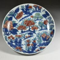 人間国宝 十四代 今泉今右衛門 色絵草花更紗文 高台皿