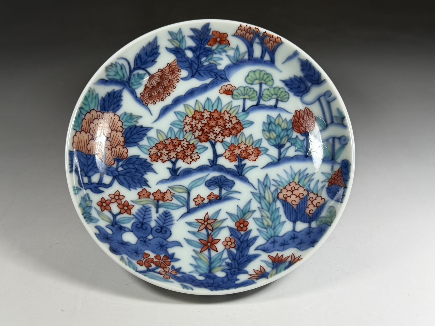 人間国宝 十四代 今泉今右衛門 色絵草花更紗文 高台皿