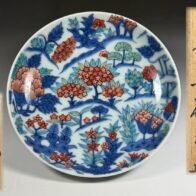 人間国宝 十四代 今泉今右衛門 色絵草花更紗文 高台皿