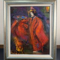 月形那比古 作 油彩 F12号 「赤之羽衣」/ 美濃 月形明比古 鑑定書付