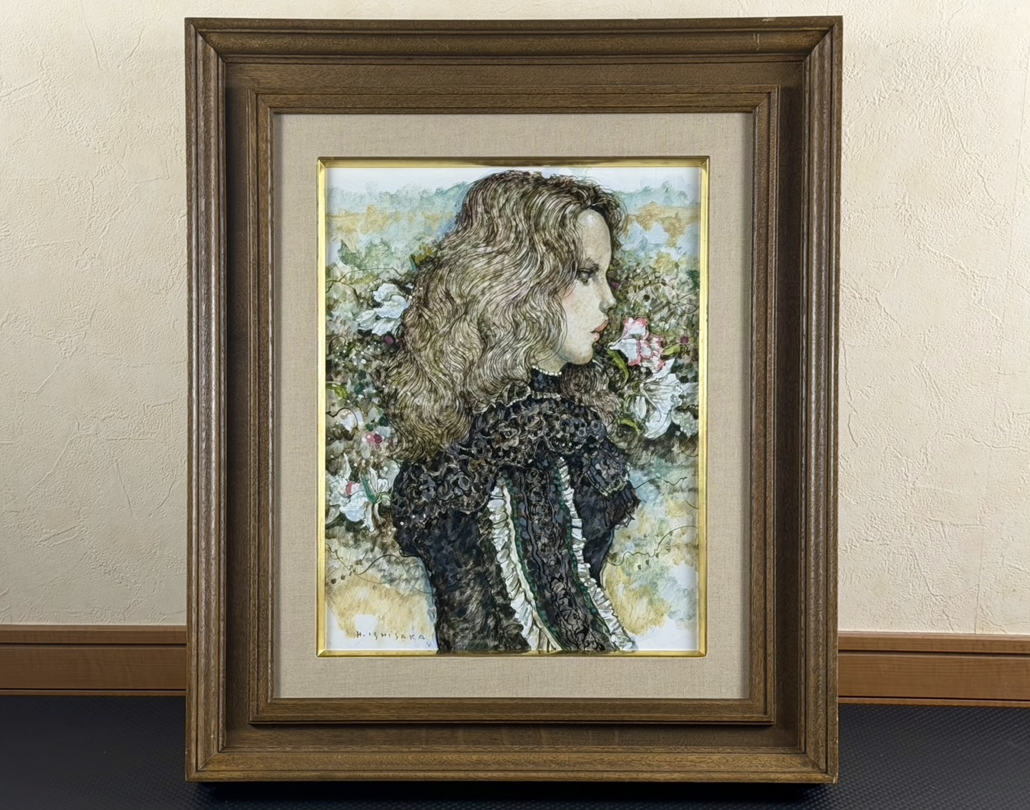 石阪春生 油彩 「黒い衣と白い花〈女のいる風景〉」 F6号