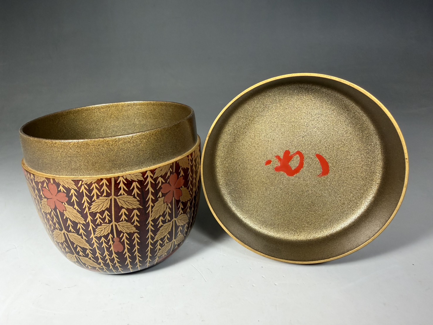 塗師 辻石斎 / 堀内宗完(兼中斎) 書付「柳桜蒔絵 溜棗 内銀」