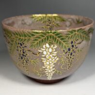 清閑寺窯 杉田祥平「色絵赤地藤花ノ画 茶碗」